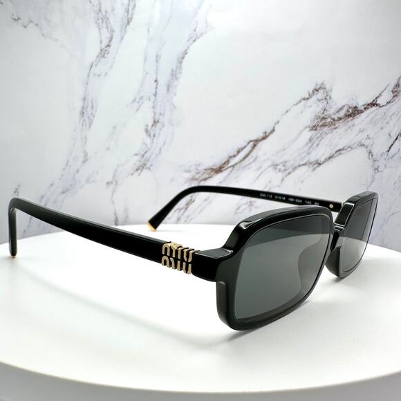 New MIU MIU Sunglasses Black Square Rectangle Acetate Gold Metal Logo Authentic main image 14